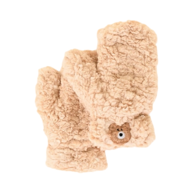 دستکش فانتزی زنانه مدل تدی بند دار  رنگ کرم 