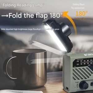 چراغ قوه شارژی و لامپ کمپینگ خورشیدی ضدآب چندمنظوره اسمایلینگ شارک مدل Smiling Shark YJ-D290 با رادیو، پاوربانک و ژنراتور دستی