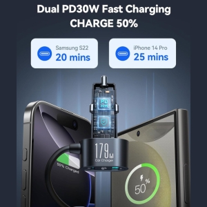  شارژر فندکی فست شارژ ماشین 179 وات تایپ‌سی و یو‌اس‌بی جویرم مدل JR-CCL01 