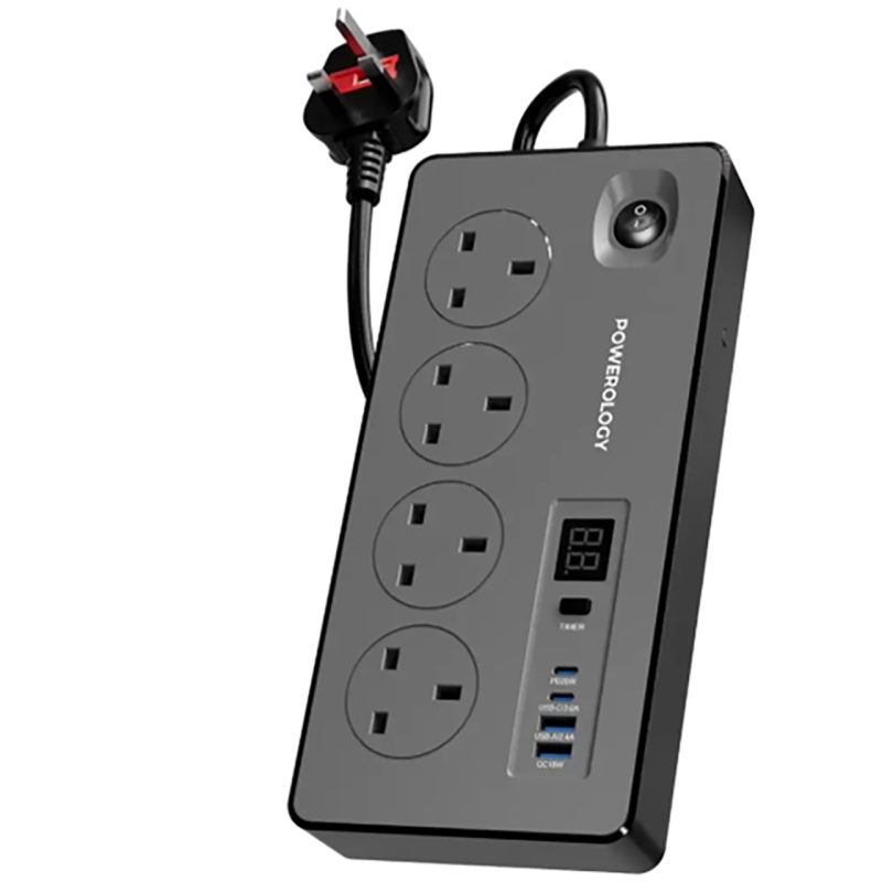  چند راهی 4 سوکت 2990 وات، 2 یو‌اس‌بی 18 وات و 2 تایپ‌سی 20 وات پاورولوژی مدل Powerology PWCUQC045BK 