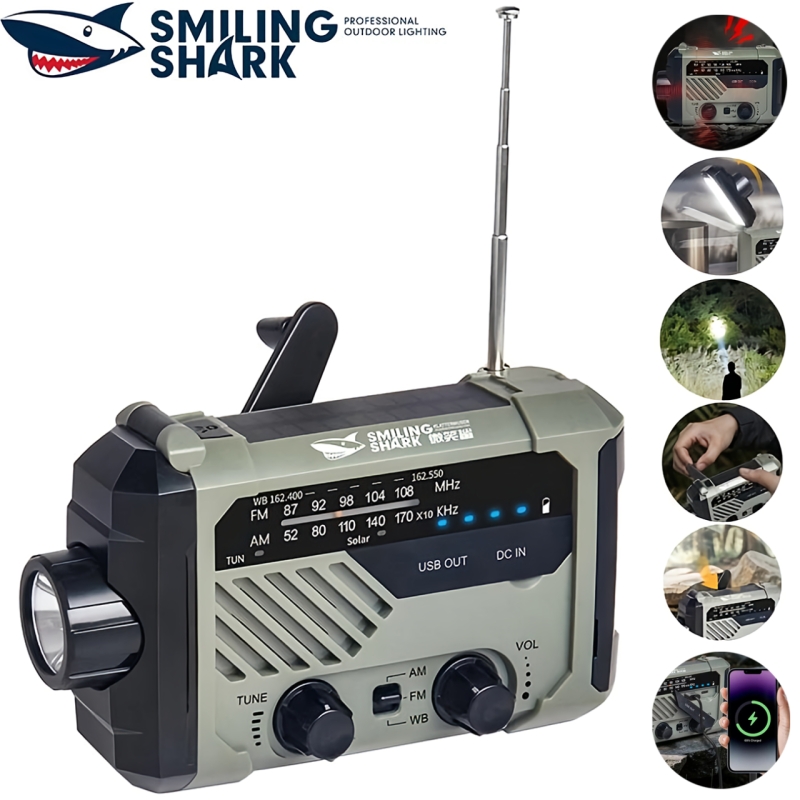 چراغ قوه شارژی و لامپ کمپینگ خورشیدی ضدآب چندمنظوره اسمایلینگ شارک مدل Smiling Shark YJ-D290 با رادیو، پاوربانک و ژنراتور دستی