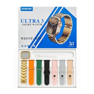 ساعت هوشمند ویسمی مدل  WISME-X53 Ultra3 با 7 بند فلزی طلایی و سیلیکونی