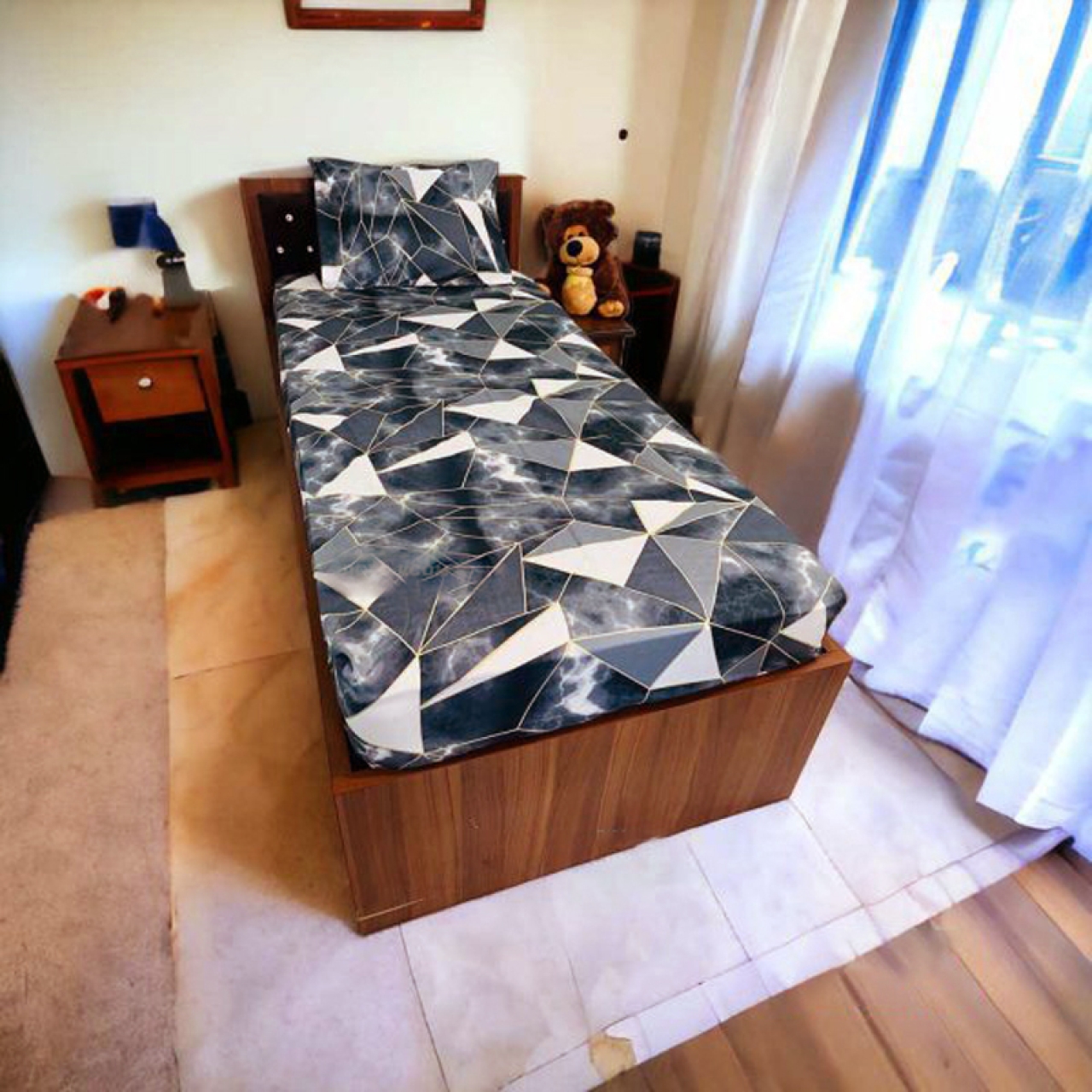 نیم ست روخوشخوابی اسپرت یکنفره و روبالشی+ کش نگهدارنده Cheshik مدل هندسی سایز 90*200 سانتی متر