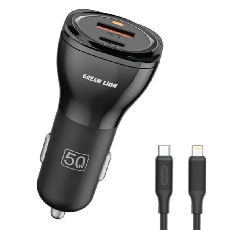 شارژر فندکی گرین لاین مدل DUAL 50W Cable PD LIGHTNING