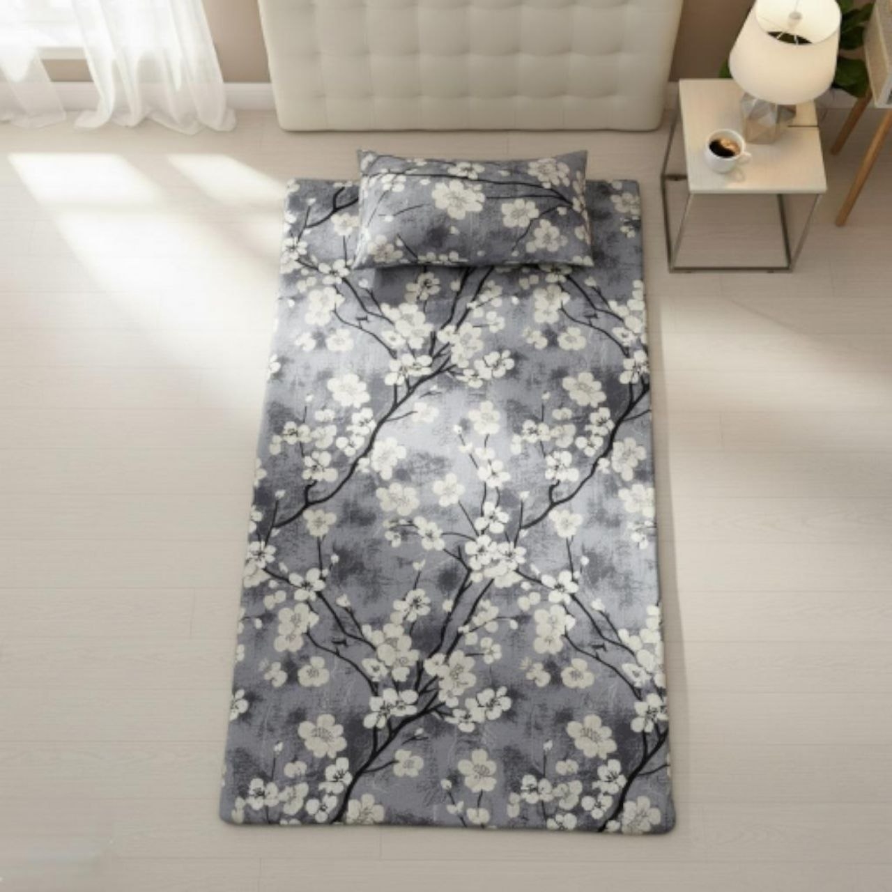 ملحفه تشک زمینی تترون طرح شکوفه قهوهای ۱۹۵×۹۵ روبالشی دار