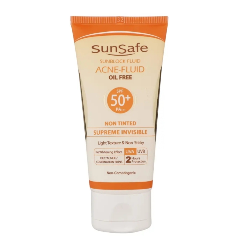 کرم ضدآفتاب بی رنگ سان سیف SPF50، مدل Acne Fluid مناسب پوست مختلط، حجم 50 میلی لیتر