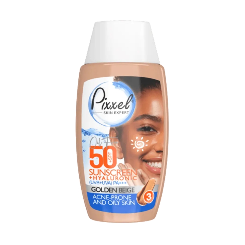 کرم ضد آفتاب رنگی پیکسل SPF50+ بژ طلایی فاقد چربی، مناسب پوست چرب و جوش‌دار -- PA+++