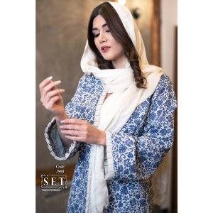 مانتو لینن مدل ماهرو طرح برگ رنگ آبی کد 1908 برند SET