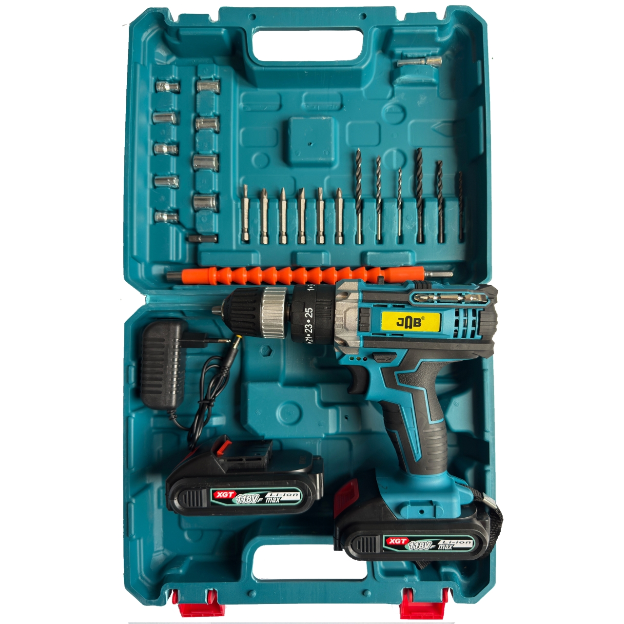 دریل پیچ گوشتی شارژی چکشی سه نظام 10 میلیمتر 118 ولت جاب مدل JB-118 MAX EDITION مجموعه 40 عددی