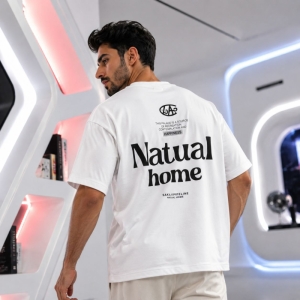 تیشرت مردانه قواره باکسی طرح Natual home رنگ سفید 