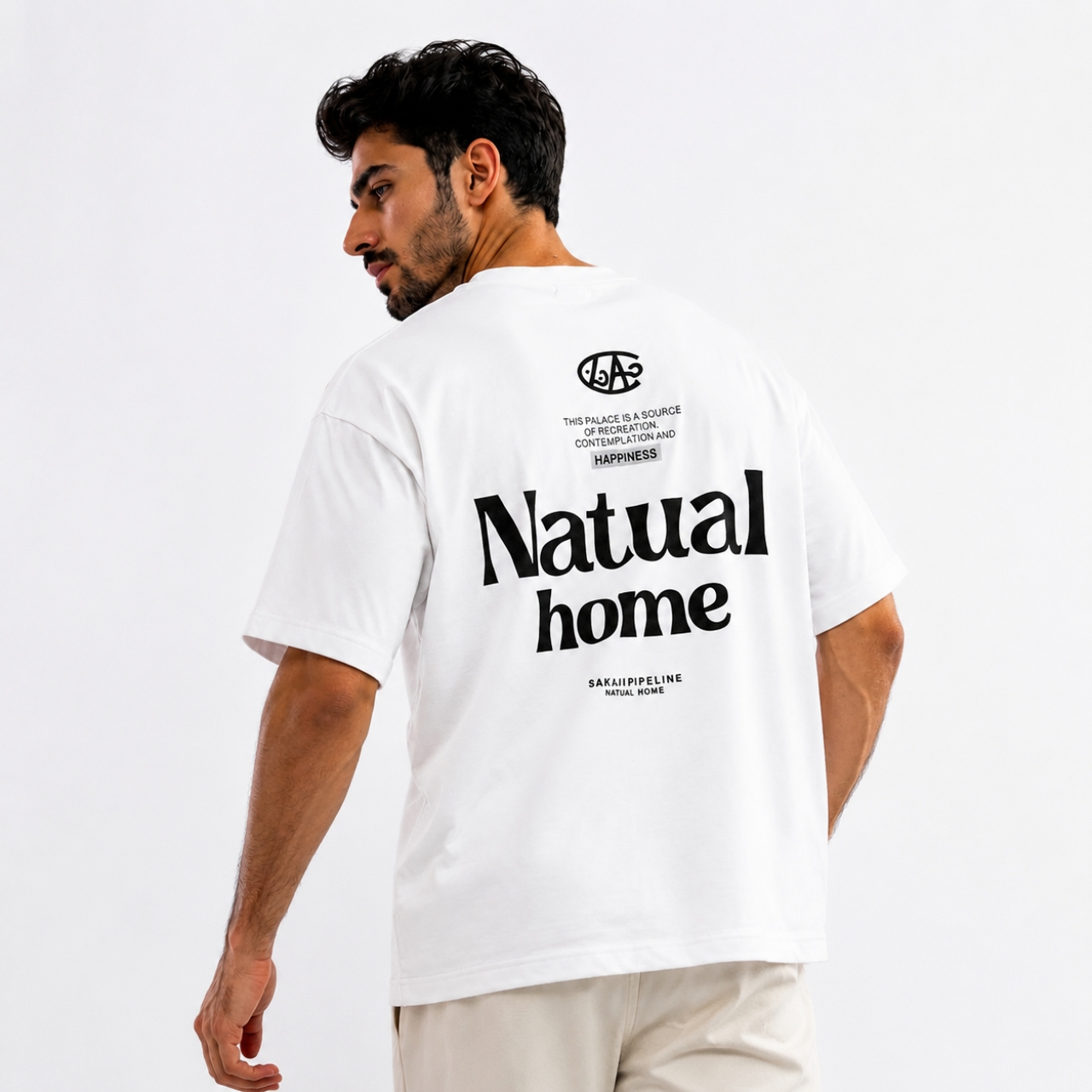 تیشرت مردانه قواره باکسی طرح Natual home رنگ سفید 