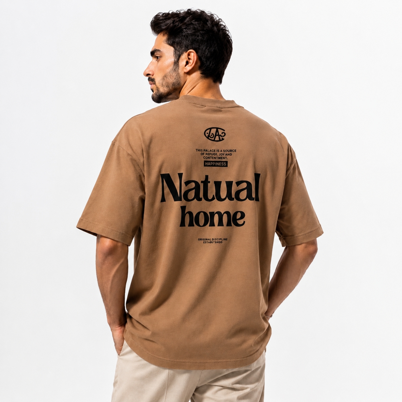 تیشرت مردانه قواره باکسی طرح Natual home رنگ قهوه‌ای 