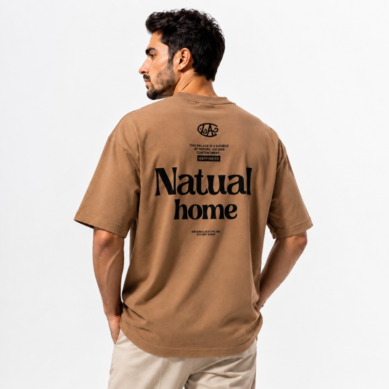 تیشرت مردانه قواره باکسی طرح Natual home رنگ قهوه‌ای 