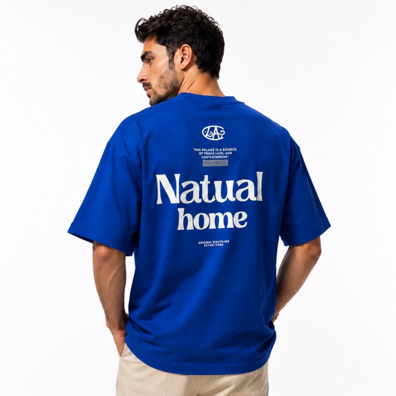 تیشرت مردانه قواره باکسی طرح Natual home رنگ آبی
