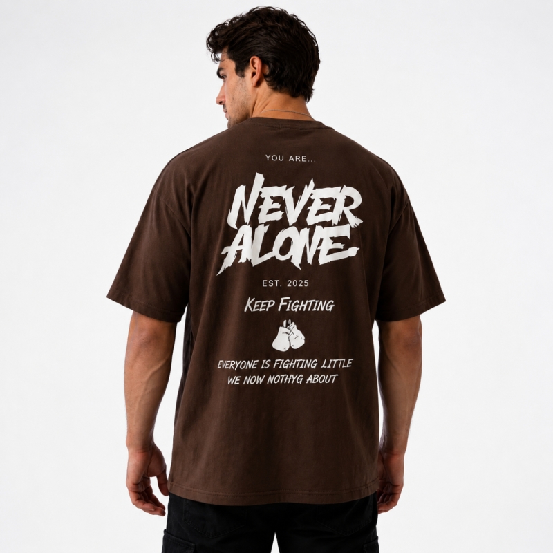 تیشرت مردانه قواره باکسی طرح  NEVER رنگ قهوه‌ای 