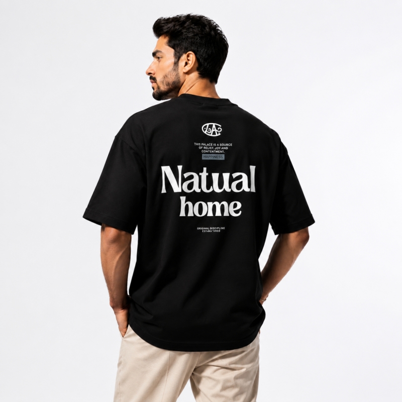 تیشرت مردانه قواره باکسی طرح Natual home رنگ مشکی 