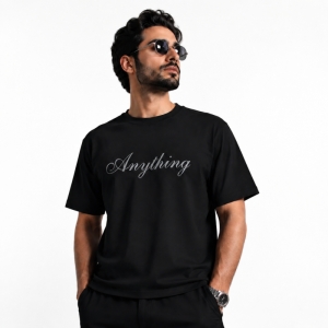 تیشرت مردانه قواره باکسی طرح  Anything رنگ مشکی 
