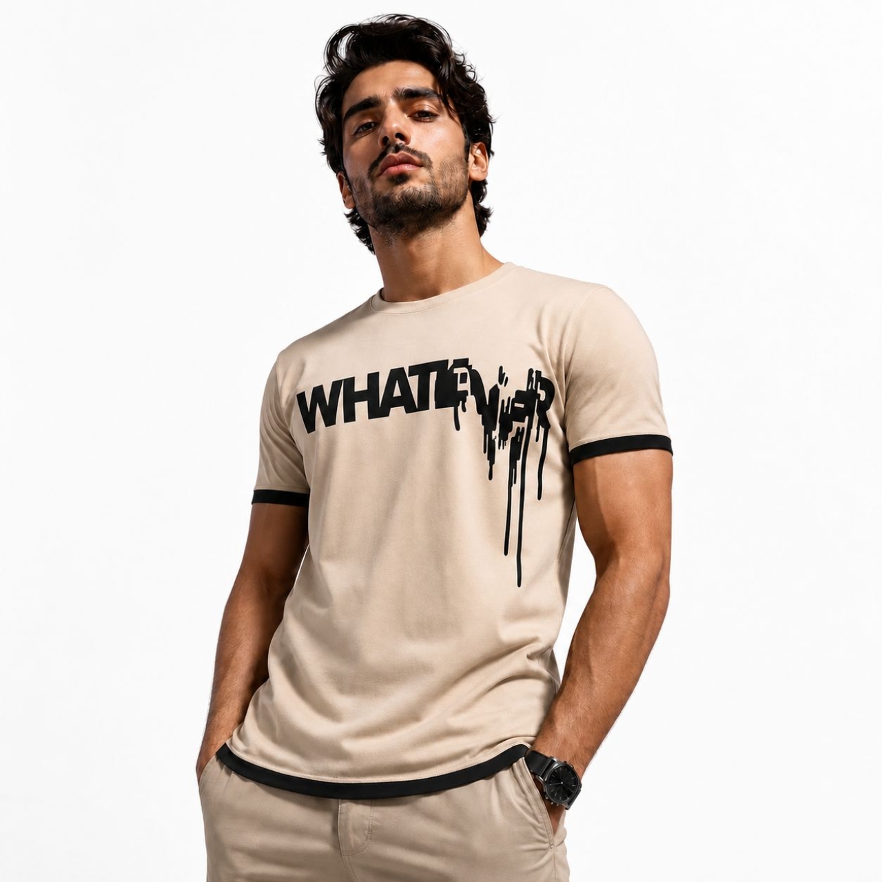 تیشرت مردانه قواره تک پوش طرح WHATEVPR رنگ کرمی 