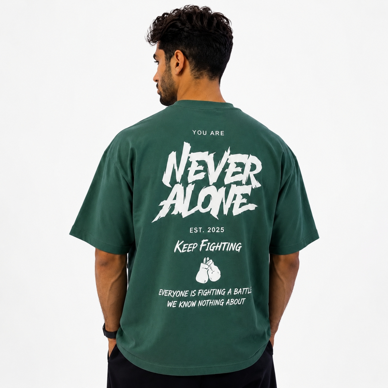 تیشرت مردانه قواره باکسی طرح NEVER رنگ سبز
