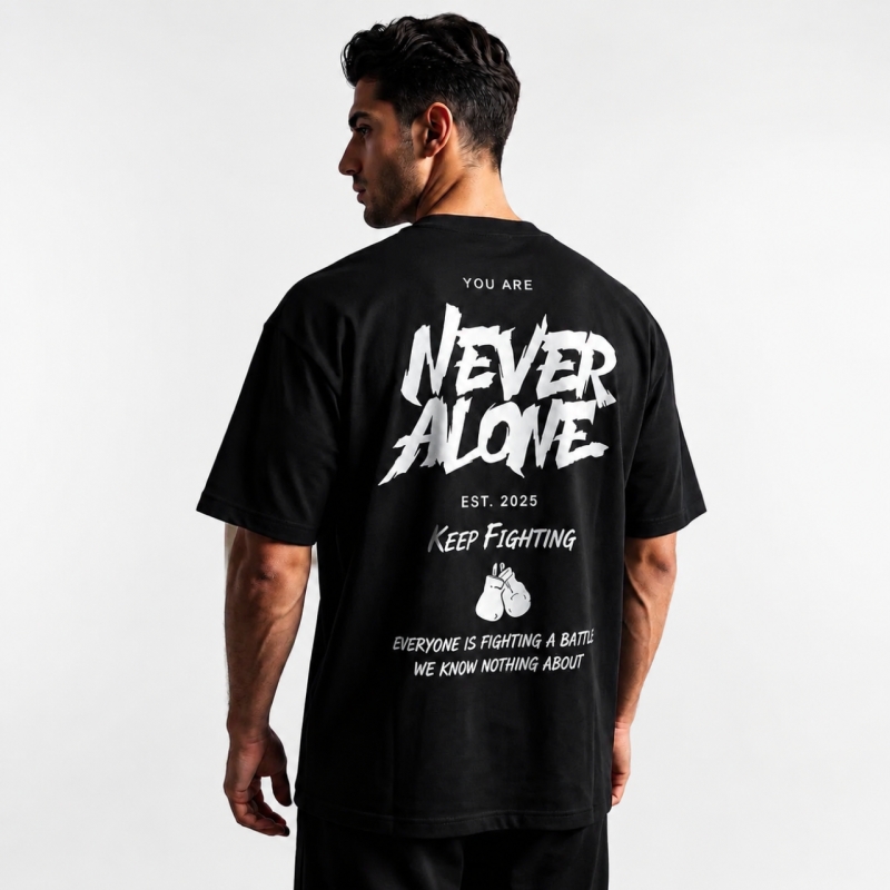 تیشرت مردانه قواره باکسی طرح  NEVER رنگ مشکی 