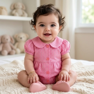 سرهمی چهارخانه نوزادی دخترانه مدل یقه کلاسیک