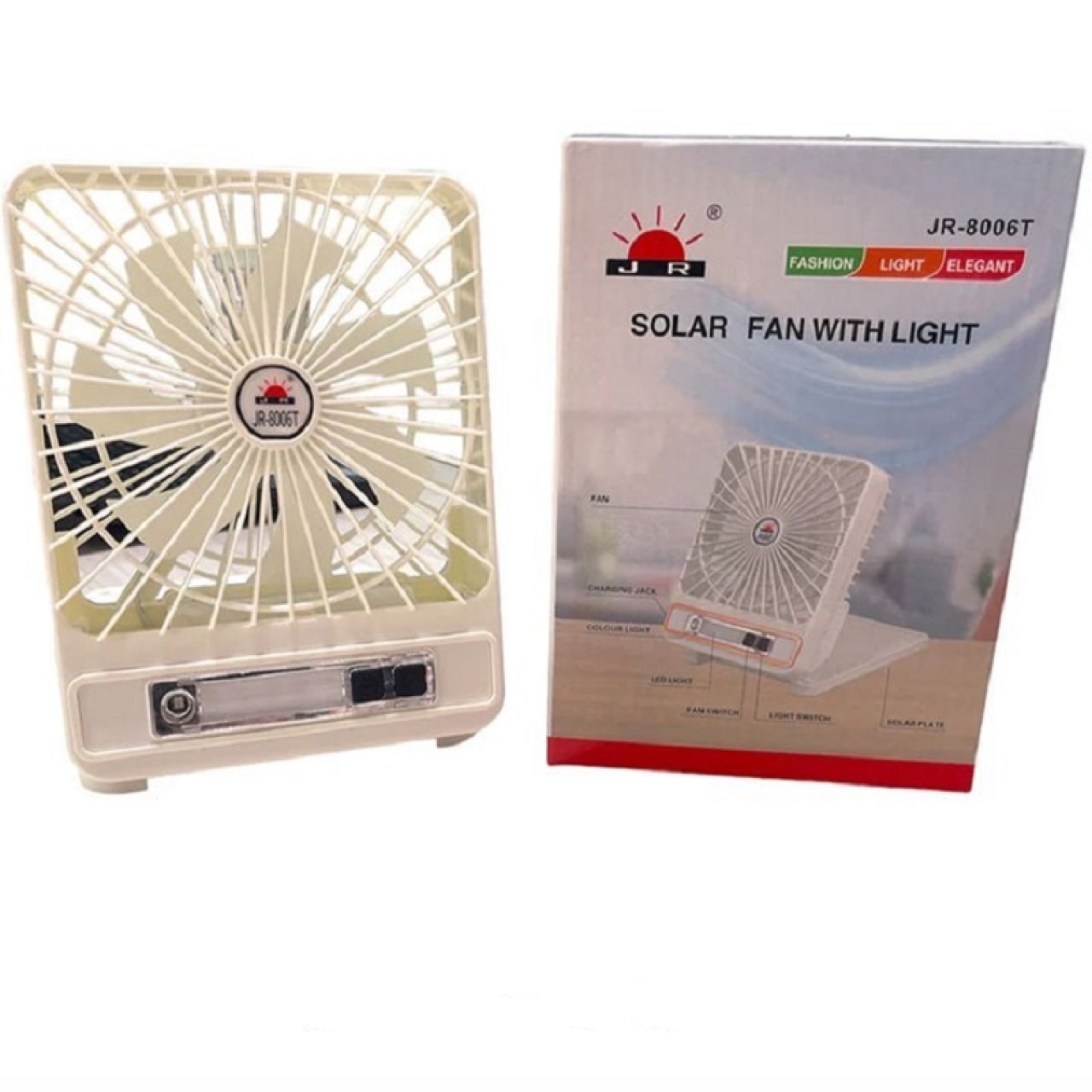 پنکه شارژی قابل حمل با چراغ و پنل خورشیدی مدل JR8006T