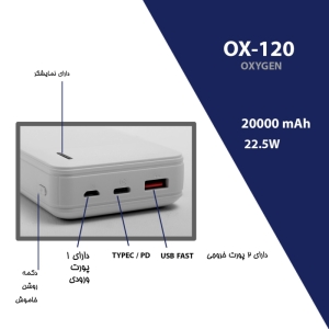 پاوربانک اکسیژن مدل OX120 ظرفیت 20000 میلی‌ آمپر ساعت