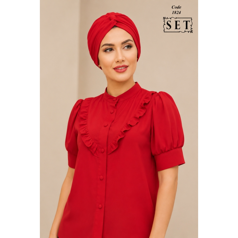 شومیز مدل زمرد رنگ قرمز لاکی کد 1824 برند SET