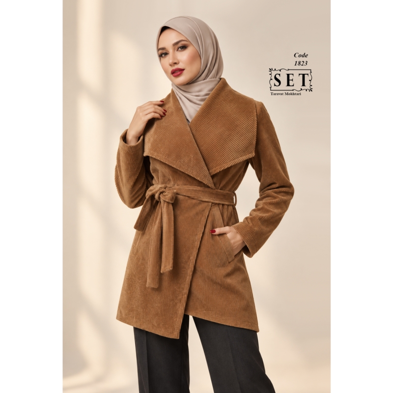 پالتو مخمل مدل لارا رنگ دارچینی کد 1823 برند SET