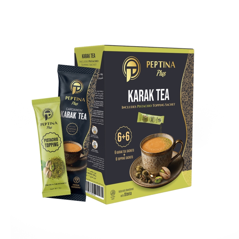 چای کرک با تاپینگ پسته بدون شکر و شیرین شده با استویا پپتینا جعبه 6 عددی