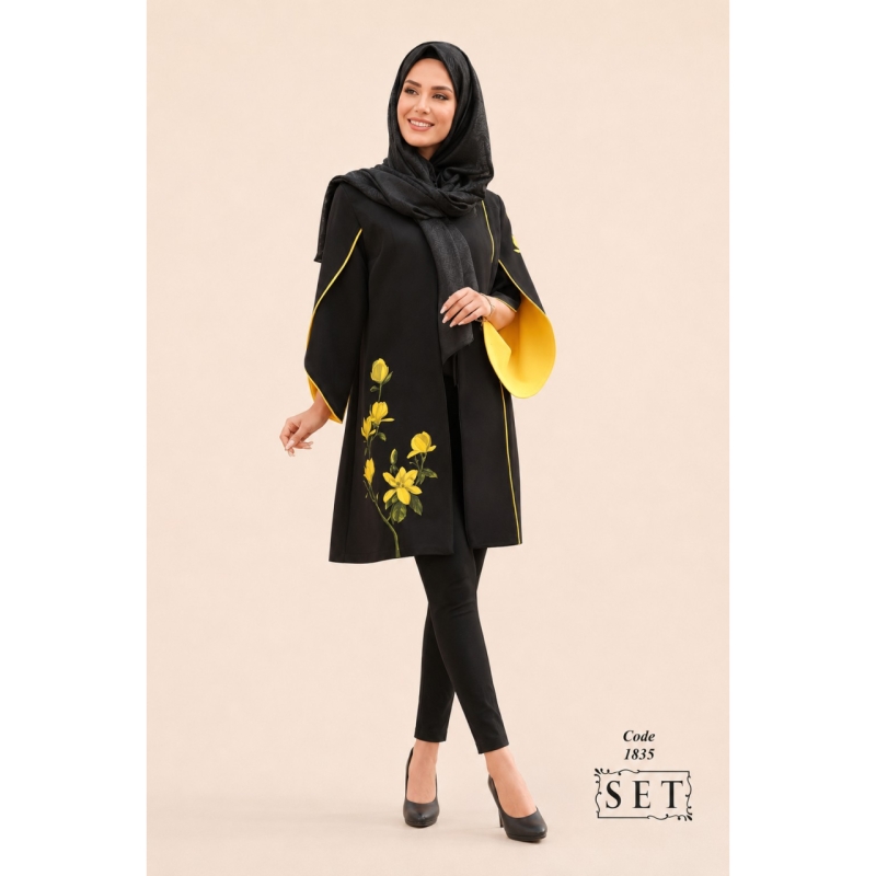 مانتو مجلسی کرپ مدل لوتوس رنگ زرد کد 1835 برند SET