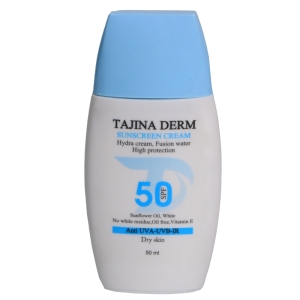 کرم ضد آفتاب بیرنگ تاجینادرم SPF 50 مدل Dry مناسب برای پوست خشک محافظ UVA/UVB حجم 50 میلیلیتر