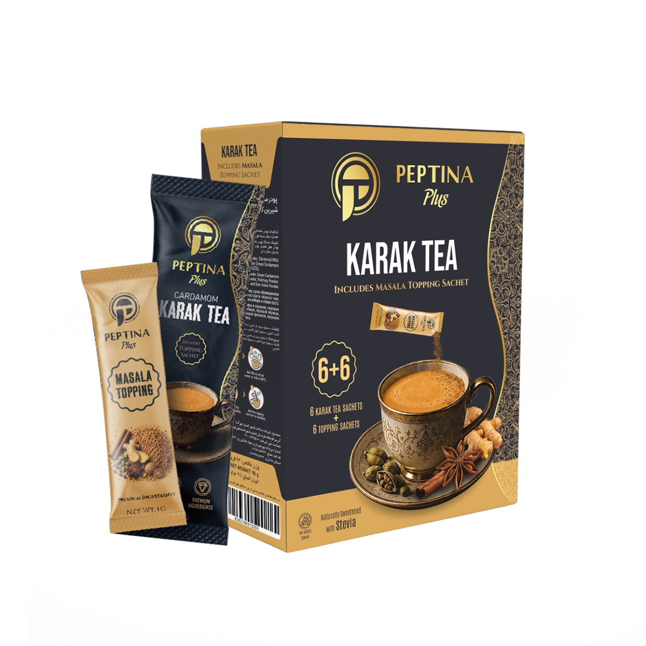 چای کرک با تاپینگ ماسالا بدون شکر و شیرین شده با استویا پپتینا جعبه 6 عددی
