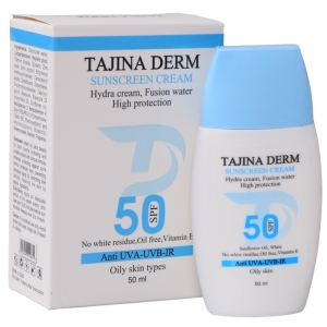 کرم ضد آفتاب بی‌رنگ تاجینادرم SPF 50 مدل oily محافظ UVA/UVB مناسب برای پوست های چرب حجم 50 میلی‌لیتر