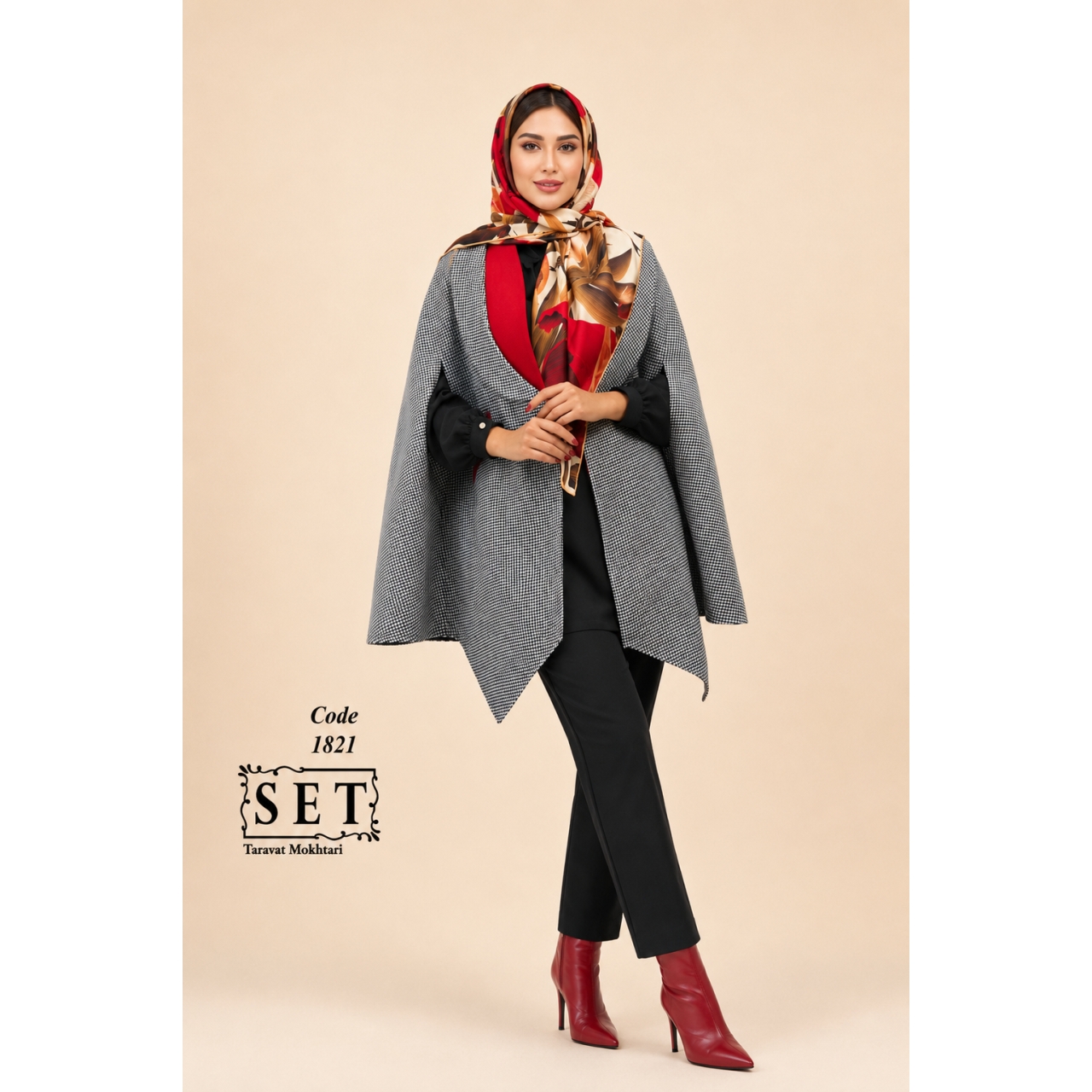 پالتو پانچ مدل رژینا رنگ قرمز کلاسیک کد 1821 برند SET