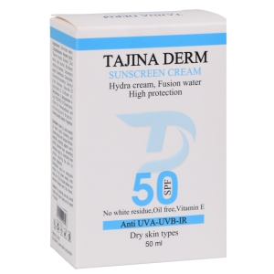 کرم ضد آفتاب بیرنگ تاجینادرم SPF 50 مدل Dry مناسب برای پوست خشک محافظ UVA/UVB حجم 50 میلیلیتر