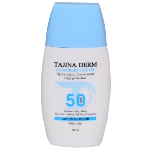 کرم ضد آفتاب بیرنگ تاجینادرم SPF 50 مدل oily محافظ UVA/UVB مناسب برای پوست های چرب حجم 50 میلیلیتر