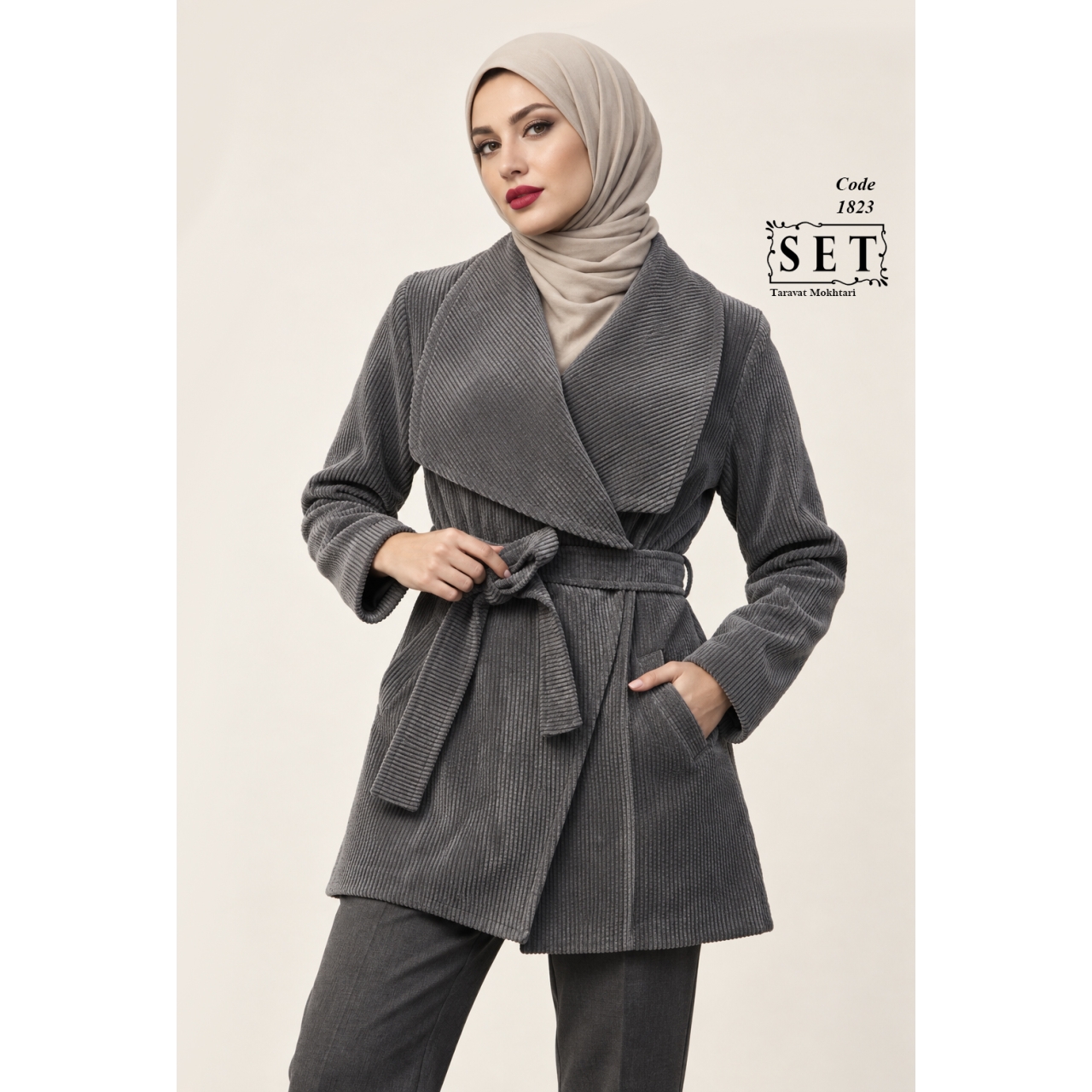 پالتو مخمل مدل لارا رنگ طوسی کد 1823 برند SET