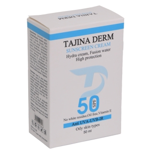 کرم ضد آفتاب بیرنگ تاجینادرم SPF 50 مدل oily محافظ UVA/UVB مناسب برای پوست های چرب حجم 50 میلیلیتر